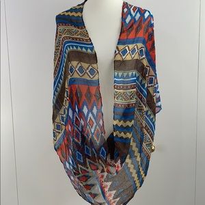 Scarf endless red blue brown tan infinity